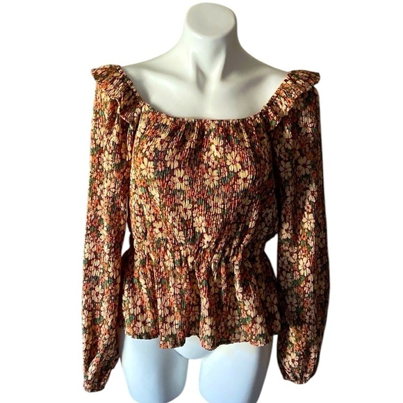 Hayden Tops - Hayden Los Angeles Brown & Yellow Floral Crepe Peasant Peplum Blouse Size Medium